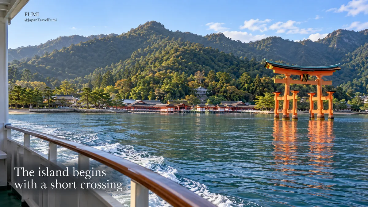 A ferry approaches Miyajima and the vermilion torii gate. Original Fumi illustration.