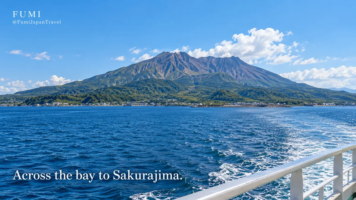 Sakurajima across Kagoshima Bay from a ferry deck. Original Fumi illustration.