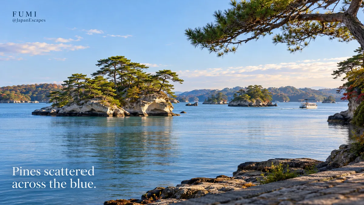 Pine-covered islands in Matsushima Bay, a stop on the Grand North-to-South Journey. Fumi illustration.