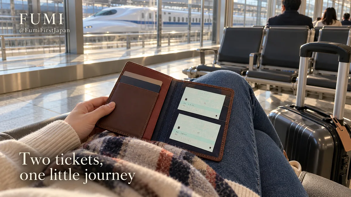 Two small paper train tickets on an open wallet in a bright station waiting area. Original Fumi illustration.