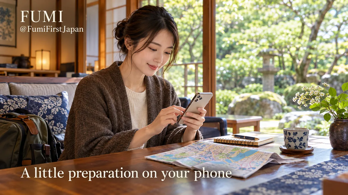 A phone, notebook and folded city map on a table beside a quiet garden window. Original Fumi illustration.