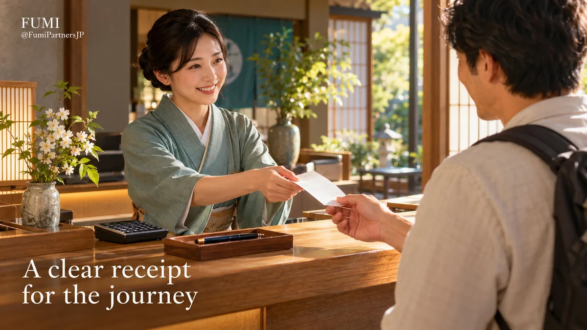 A host hands a guest a neatly prepared document at a Japanese hotel desk. Original Fumi illustration.