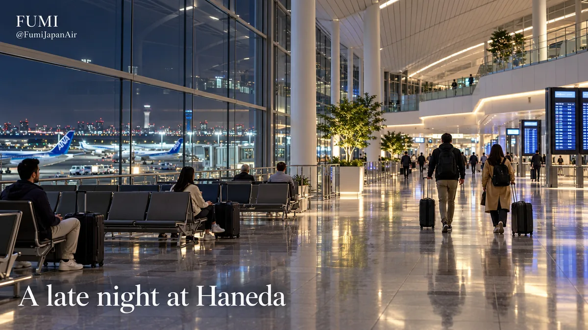 An illustrated late-night arrival at Haneda Airport Terminal 3