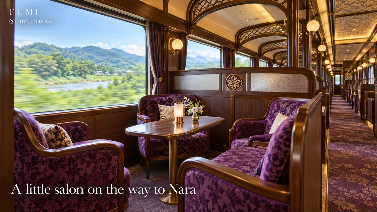The warm timber interior and violet seats of the Aoniyoshi sightseeing train. Original Fumi illustration.