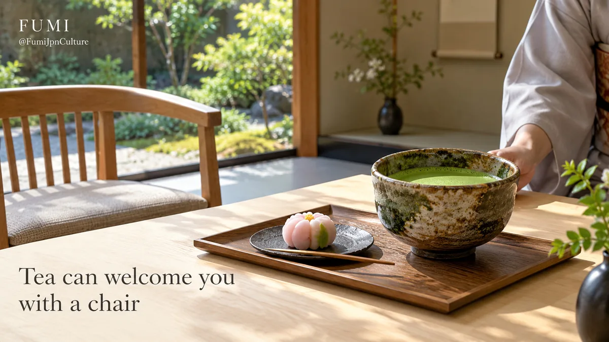 A bowl of matcha and a seasonal sweet prepared for a seated tea welcome. Original Fumi illustration.