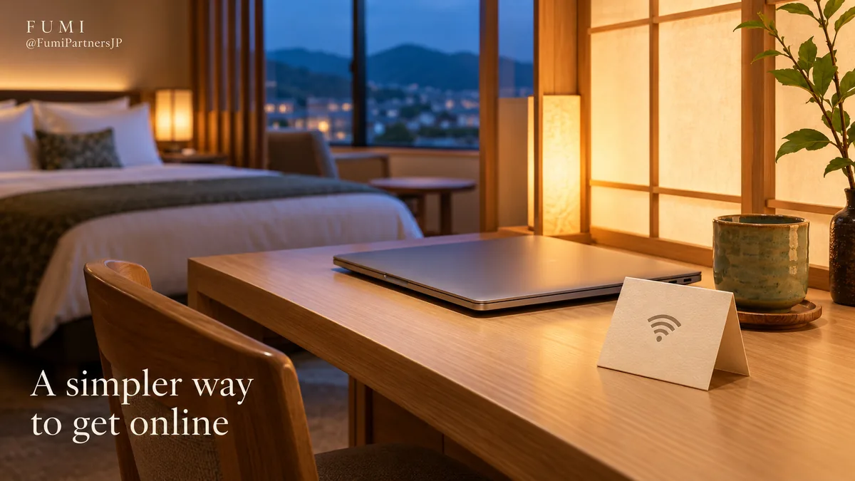 A laptop and a simple information card in a welcoming Japanese guest room. Original Fumi illustration.