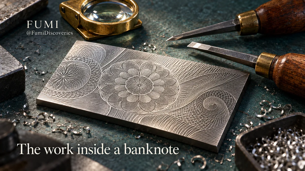 An engraved steel plate, fine burins and a brass loupe illustrate the precision of security printing. Original Fumi illustration.