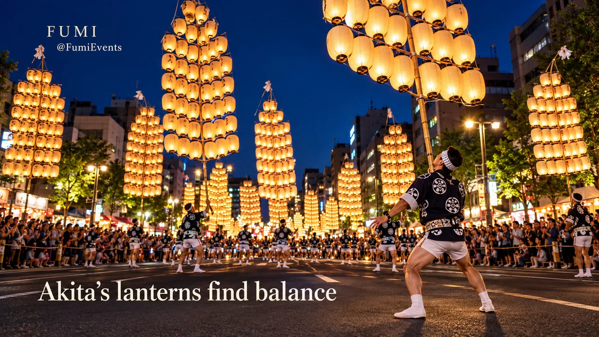 An adult performer balances an illuminated Kanto lantern pole on an Akita festival street.