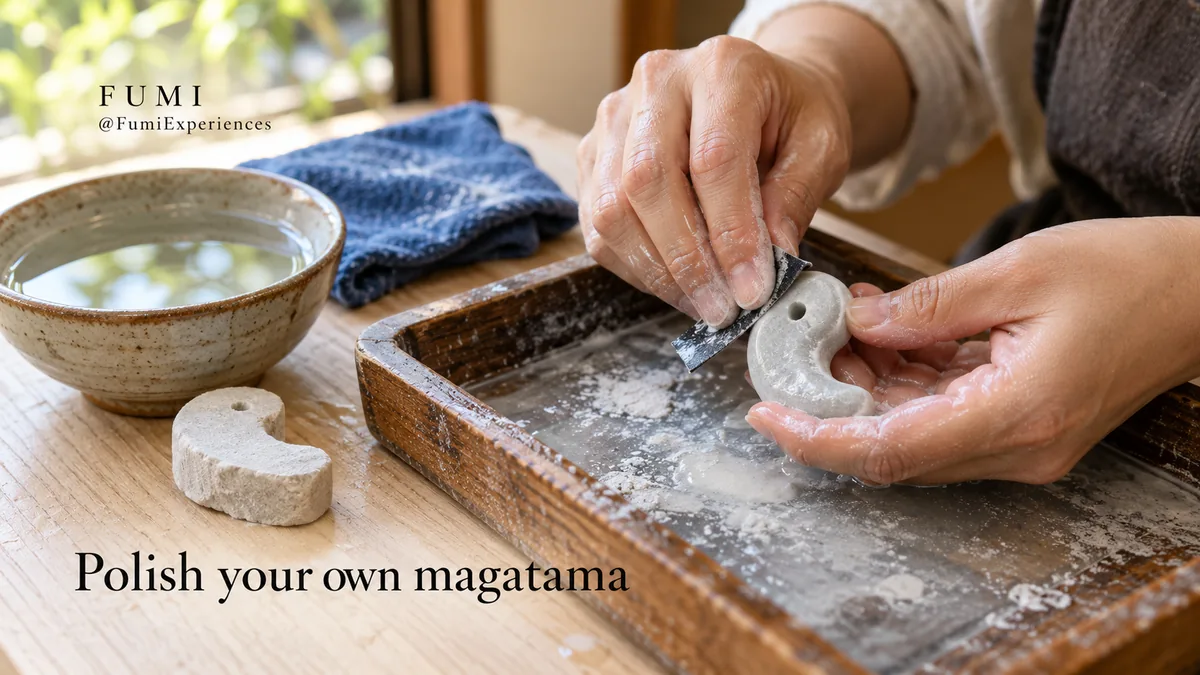 Hands polish a pale soapstone magatama beside a water dish and a partly shaped blank.