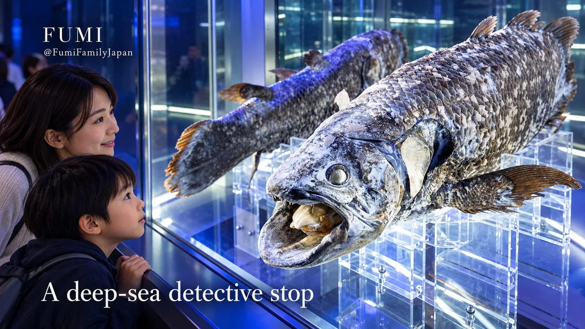 An adult and child view a preserved coelacanth mounted on clear supports in a blue-lit museum case. Original Fumi illustration.