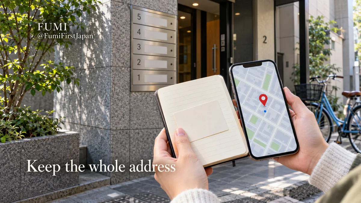 A traveller keeps an address note beside a phone map at a Japanese building entrance. Original Fumi illustration.
