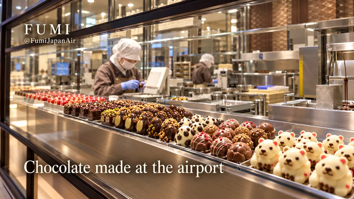 Chocolate production viewed through glass at ROYCE Chocolate World in New Chitose Airport.