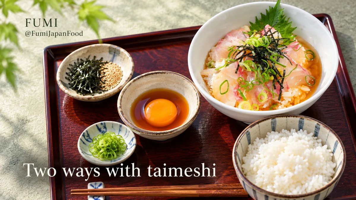 Uwajima-style raw sea bream with rice, an egg-based sauce and small condiments. Original Fumi illustration.