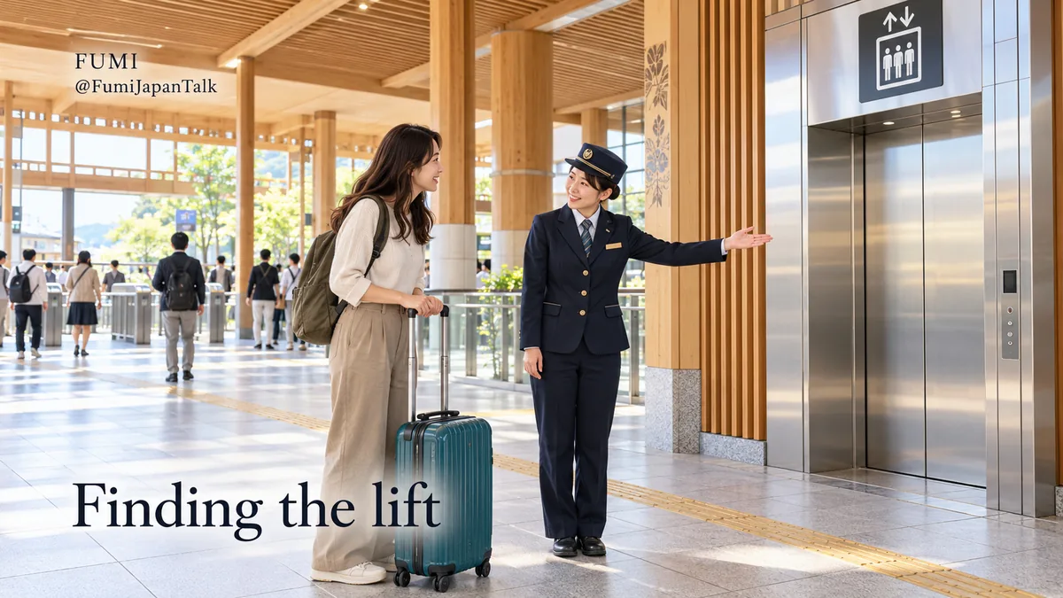 A station attendant directs a traveller with a suitcase towards a lift.