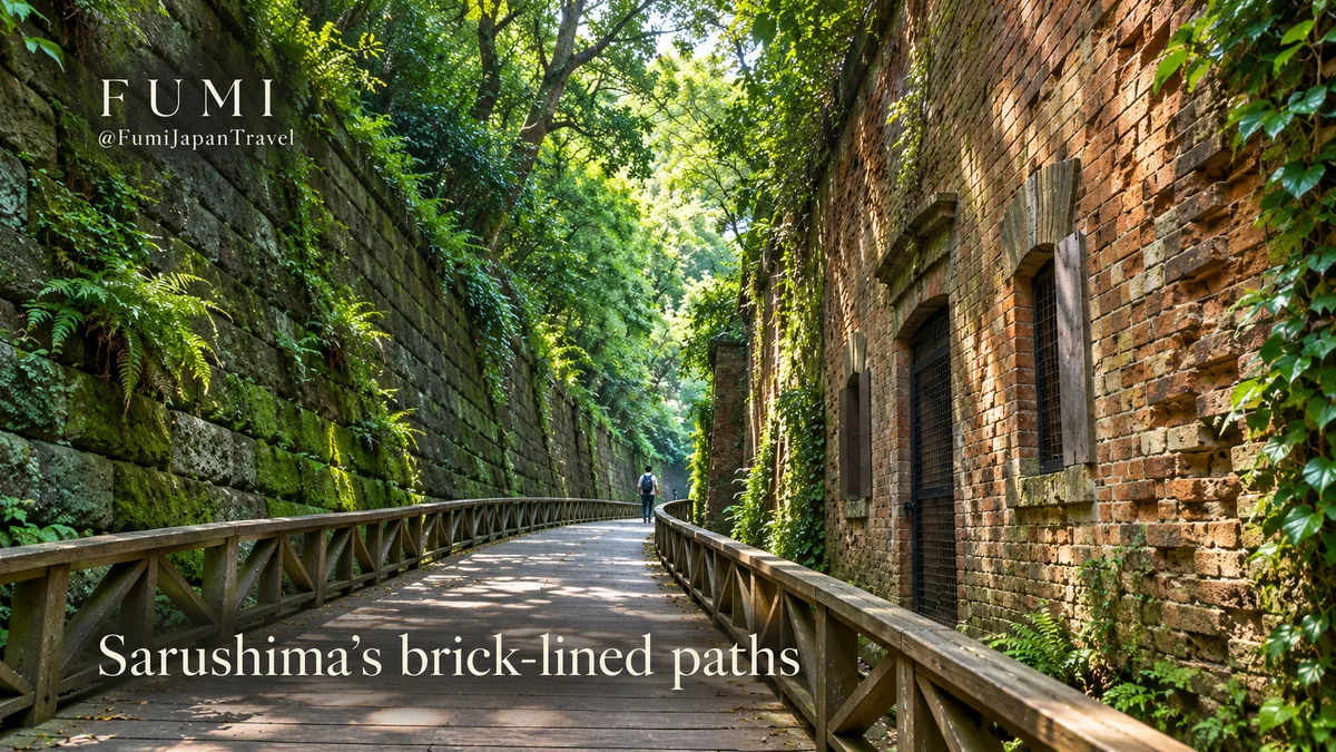 Sunlight filters into Sarushima’s brick fortress passage beside a wooden walkway and mossy stone walls. Original Fumi illustration.