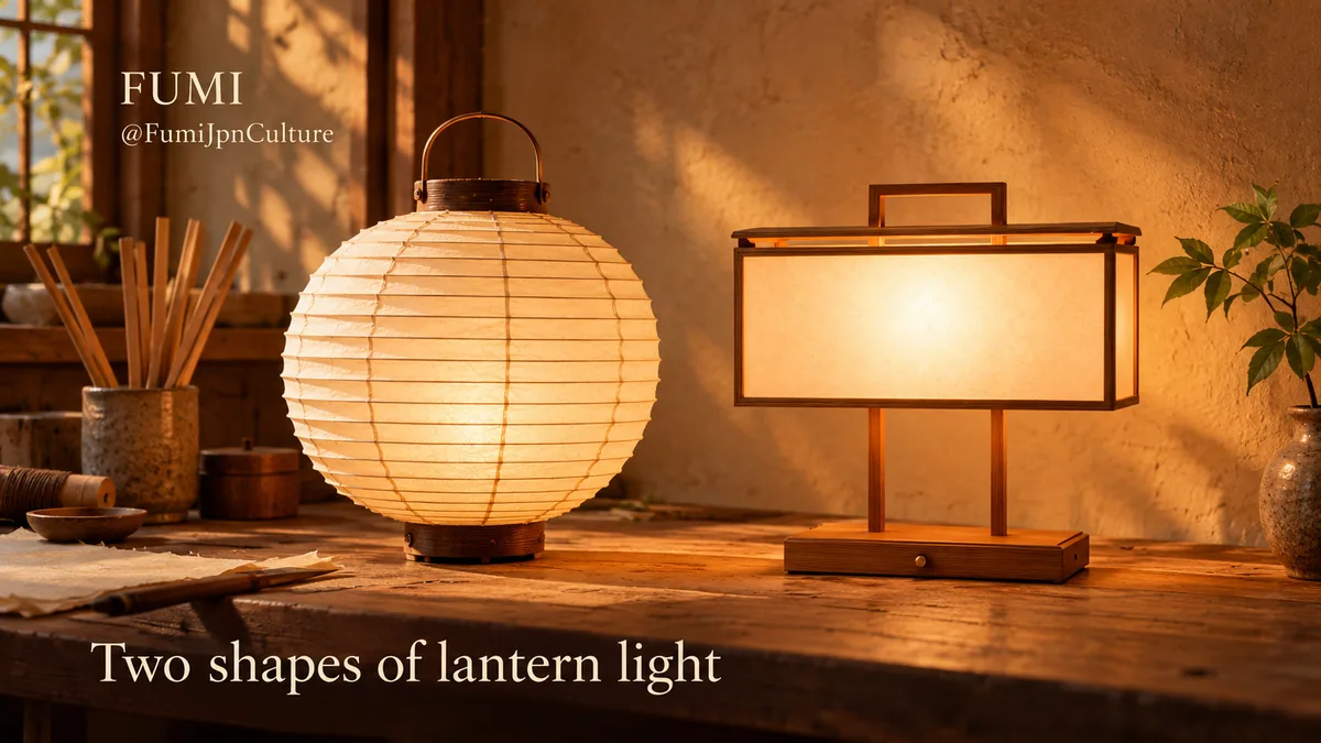 A round ribbed chochin and a rectangular wood-framed andon glow on a craft workbench. Original Fumi illustration.