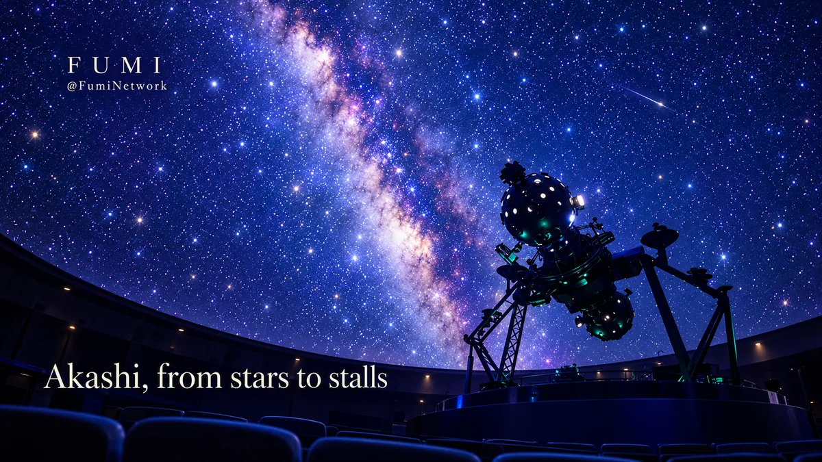 Akashi’s optical star projector beneath a deep blue planetarium dome filled with stars.