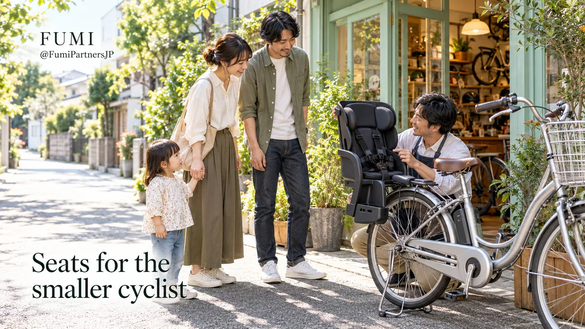 A bicycle shopkeeper shows a family the rear child seat on a stationary city bicycle. Original Fumi illustration.