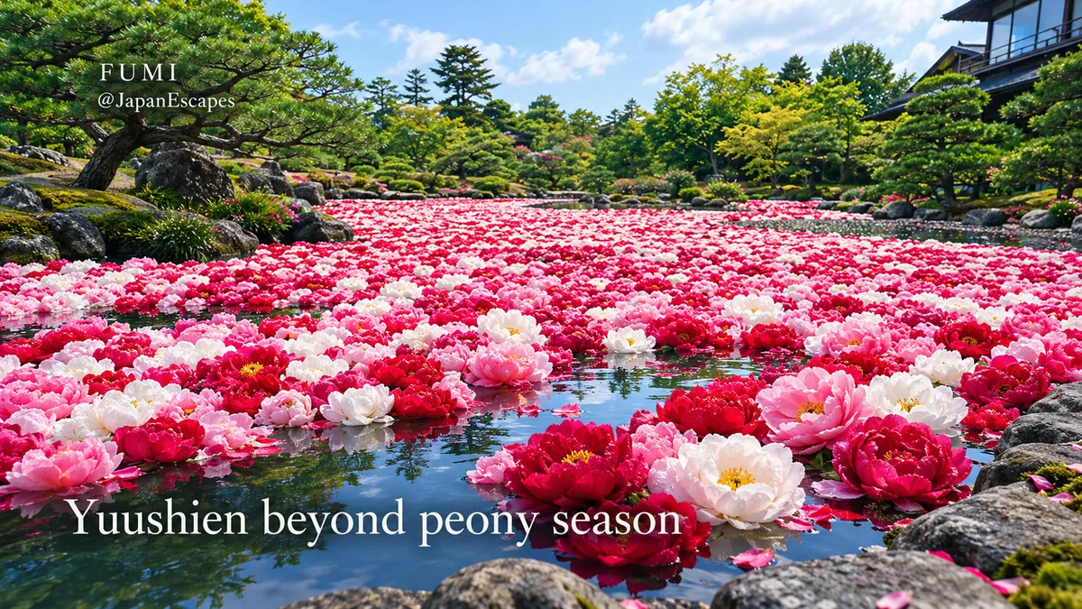 Pink, crimson and white peony heads float in Yuushien’s seasonal spring pond display. Original Fumi illustration.