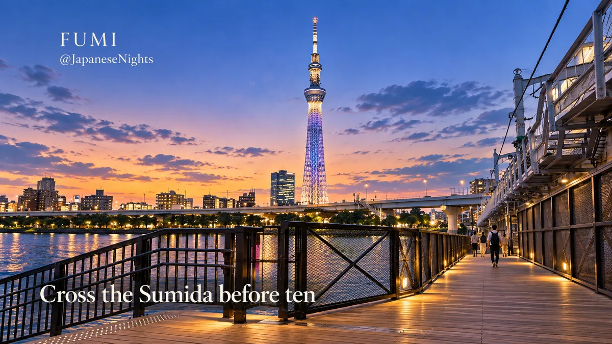 Sumida River Walk’s timber deck and black railings beside the railway, with Tokyo Skytree ahead at dusk.