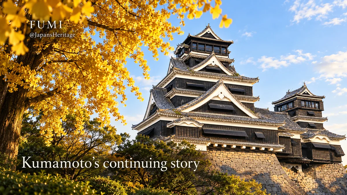 Kumamoto Castle’s restored black-and-white keep rises above its stone base, framed by golden ginkgo leaves. Original Fumi illustration.