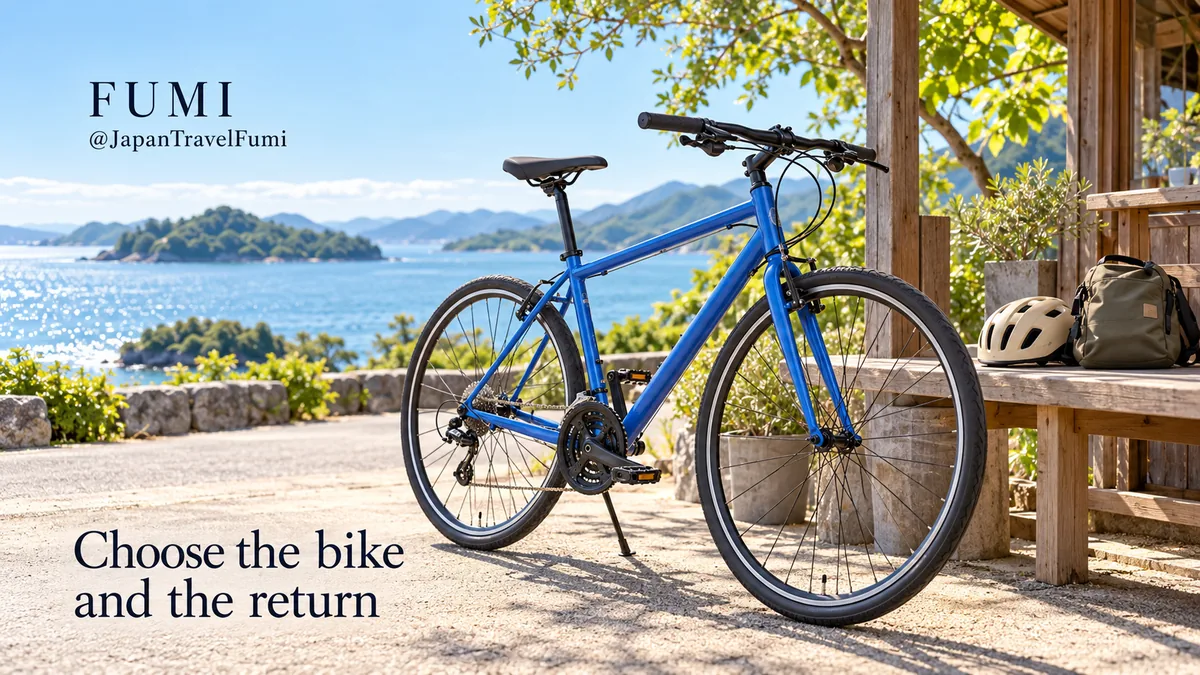 A blue rental bicycle, helmet and day bag beside a quiet coastal rental stand.