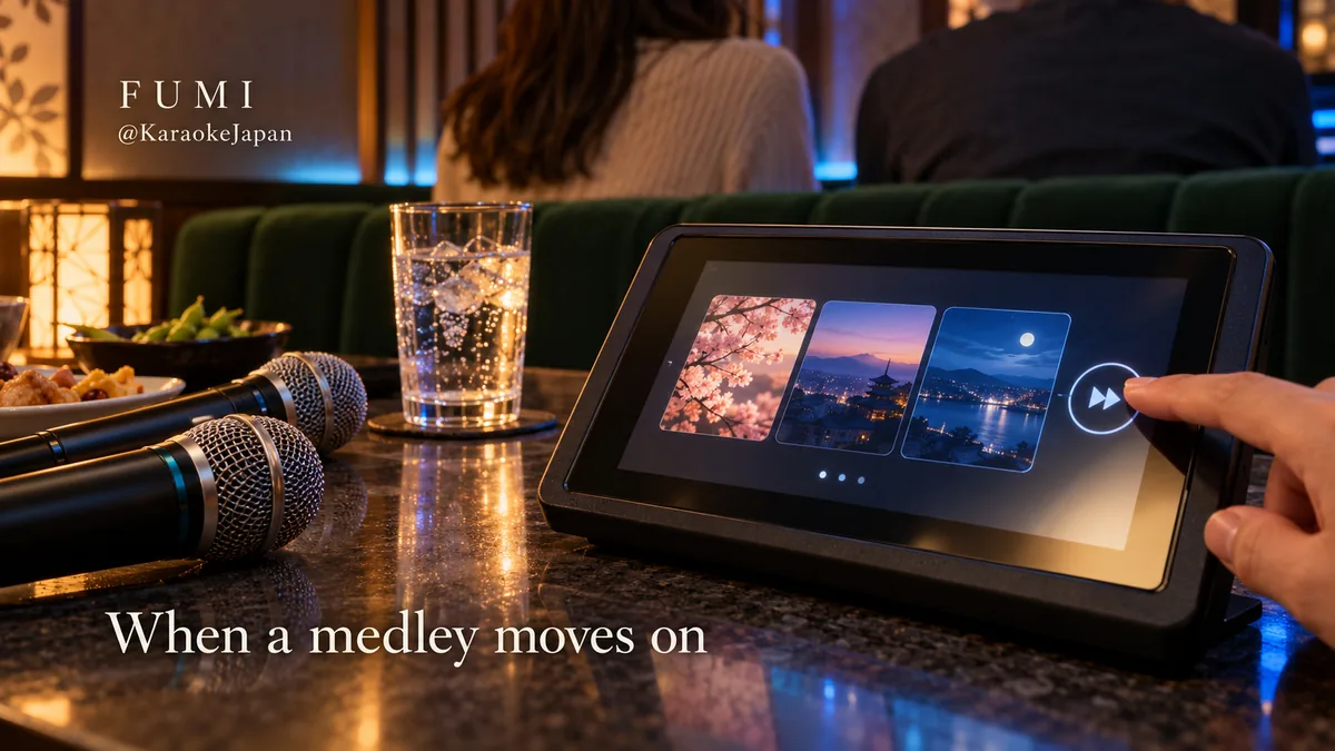 A hand reaches towards a medley skip symbol on a tabletop karaoke remote.
