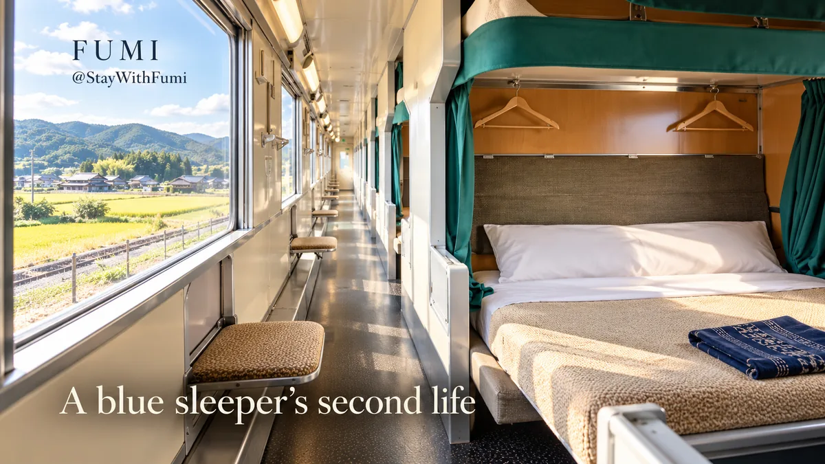 A narrow corridor and compact green-curtained berth inside the stationary Blue Train Taragi sleeper lodging. Original Fumi illustration.