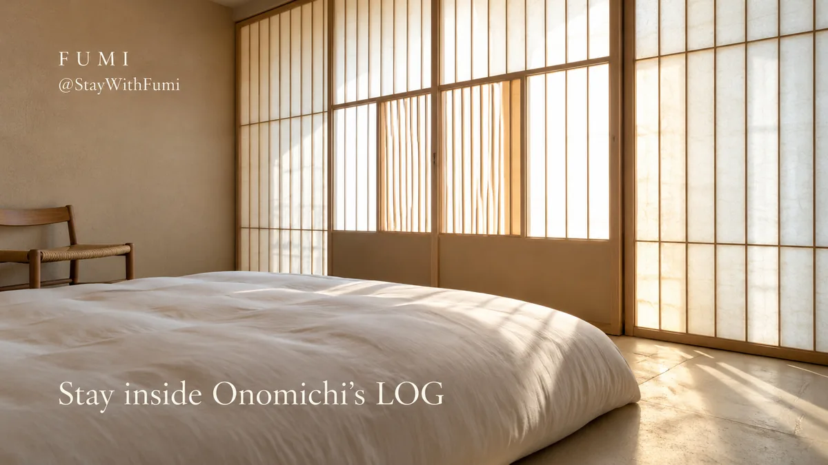 A low white bed and translucent paper screens in a quiet LOG Onomichi guest room. Original Fumi illustration.