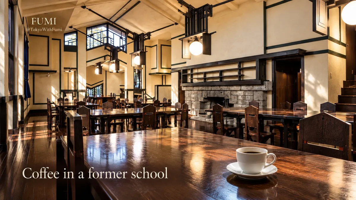 Coffee on a polished table in Myonichikan’s former school dining room, beneath geometric windows and hanging lights. Original Fumi illustration.
