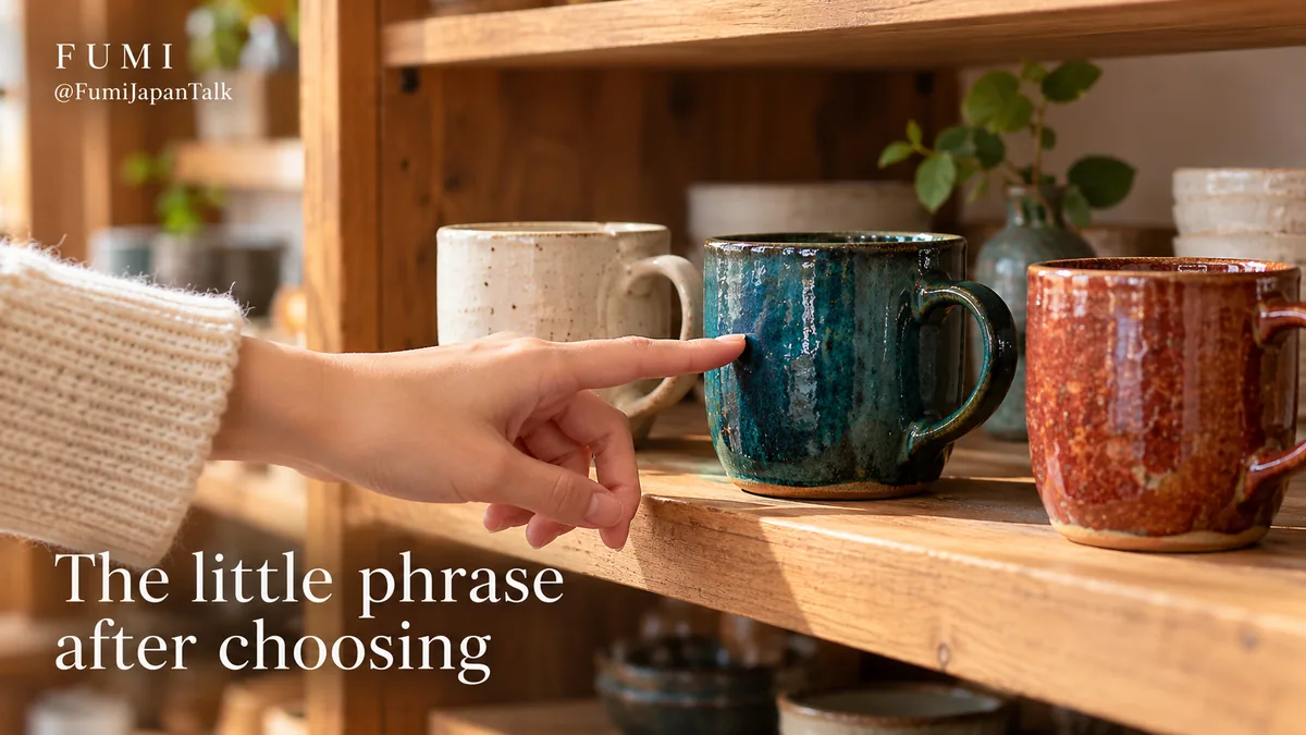 A shopper points to a handmade ceramic mug in a Japanese shop. Original Fumi illustration.