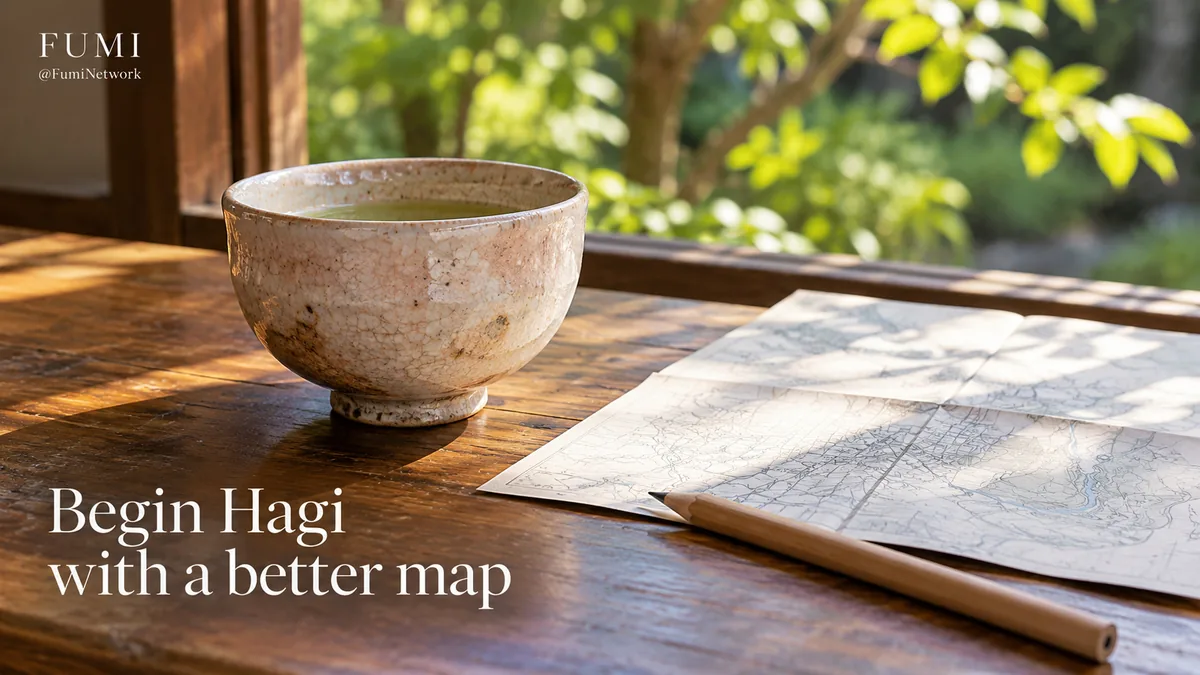 A tea bowl, folded map and pencil on a wooden desk. Original Fumi illustration.