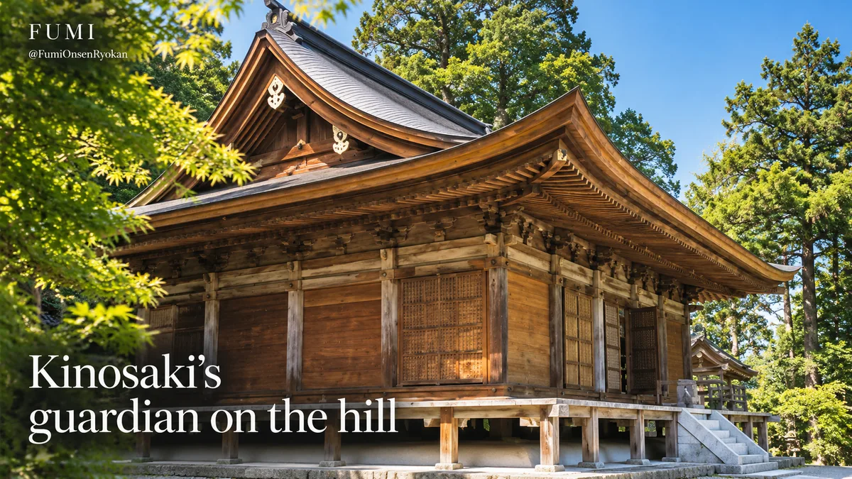 A traditional wooden temple hall on the wooded slope above Kinosaki. Original Fumi illustration.