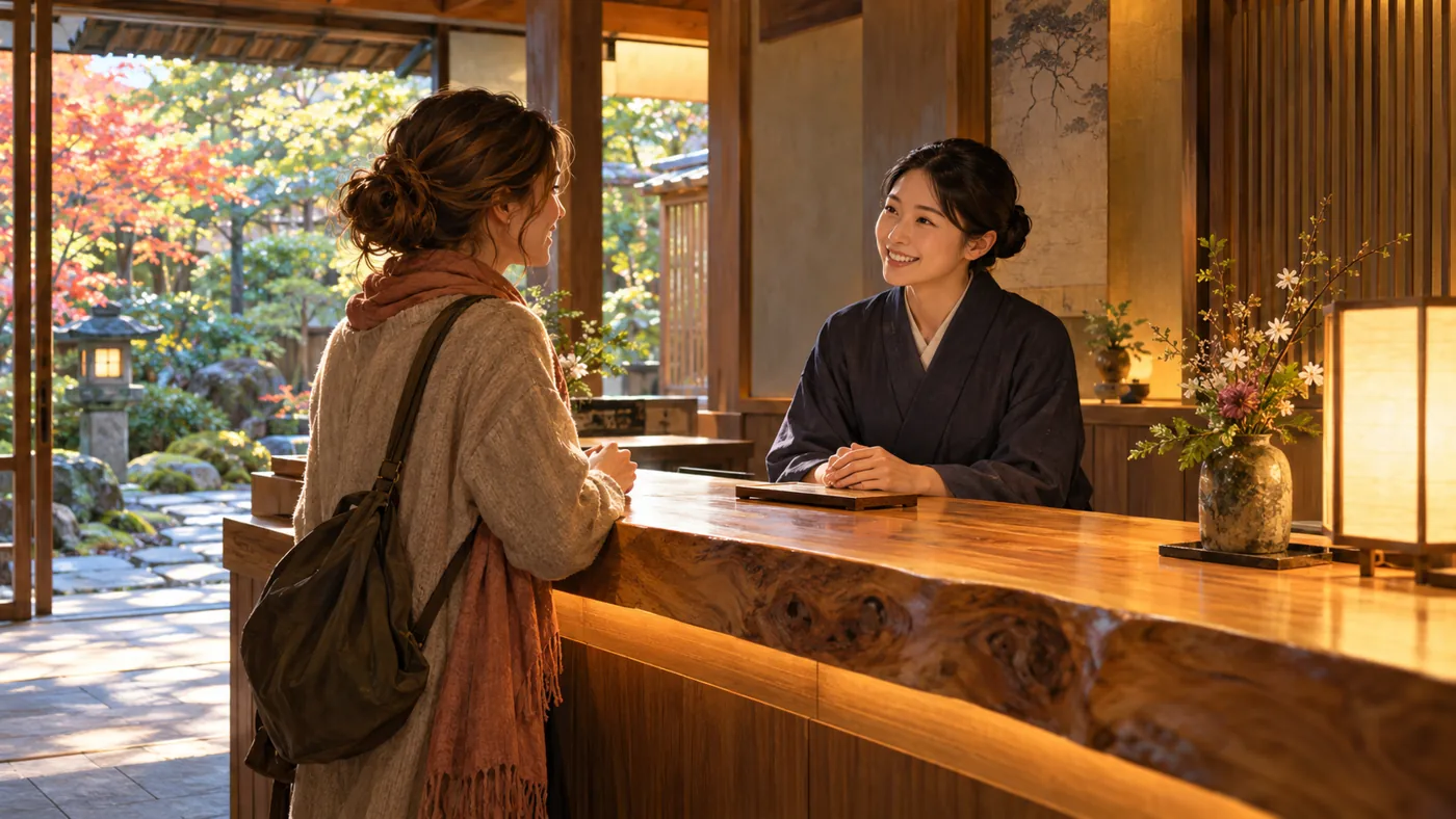 An illustrated hotel manager welcomes a traveller at a timber reception desk