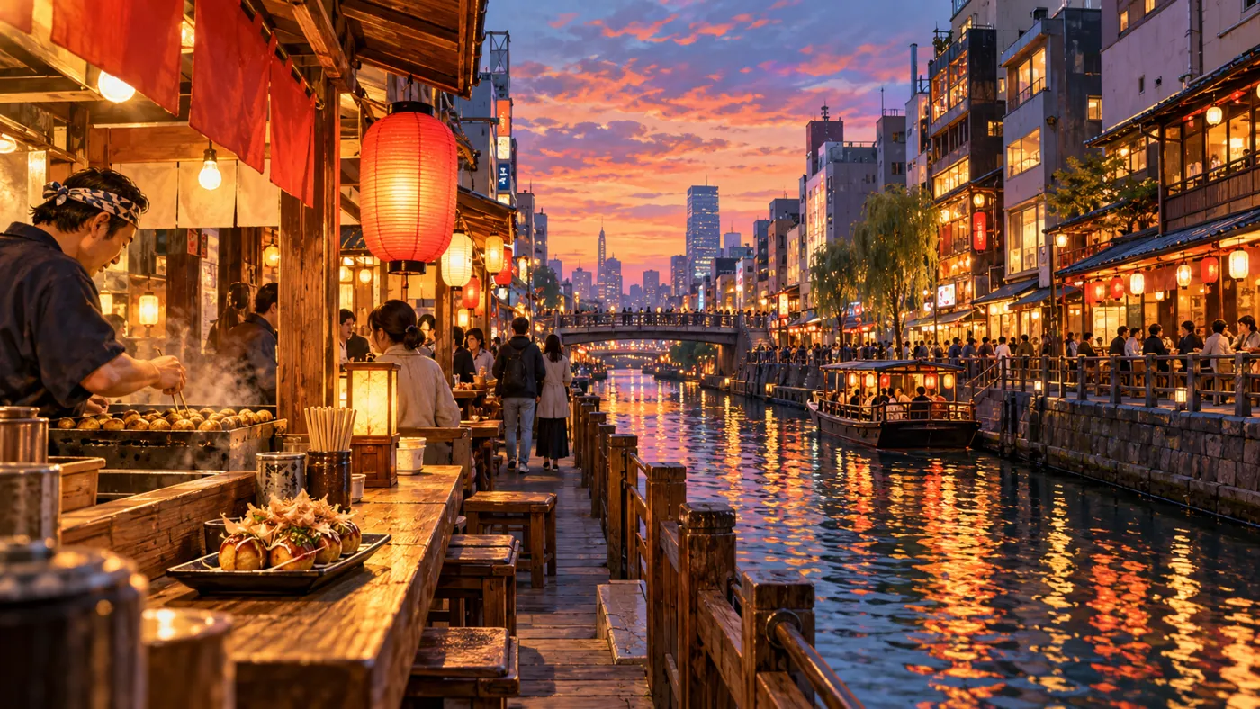 An illustrated Osaka canal glowing with restaurant lights