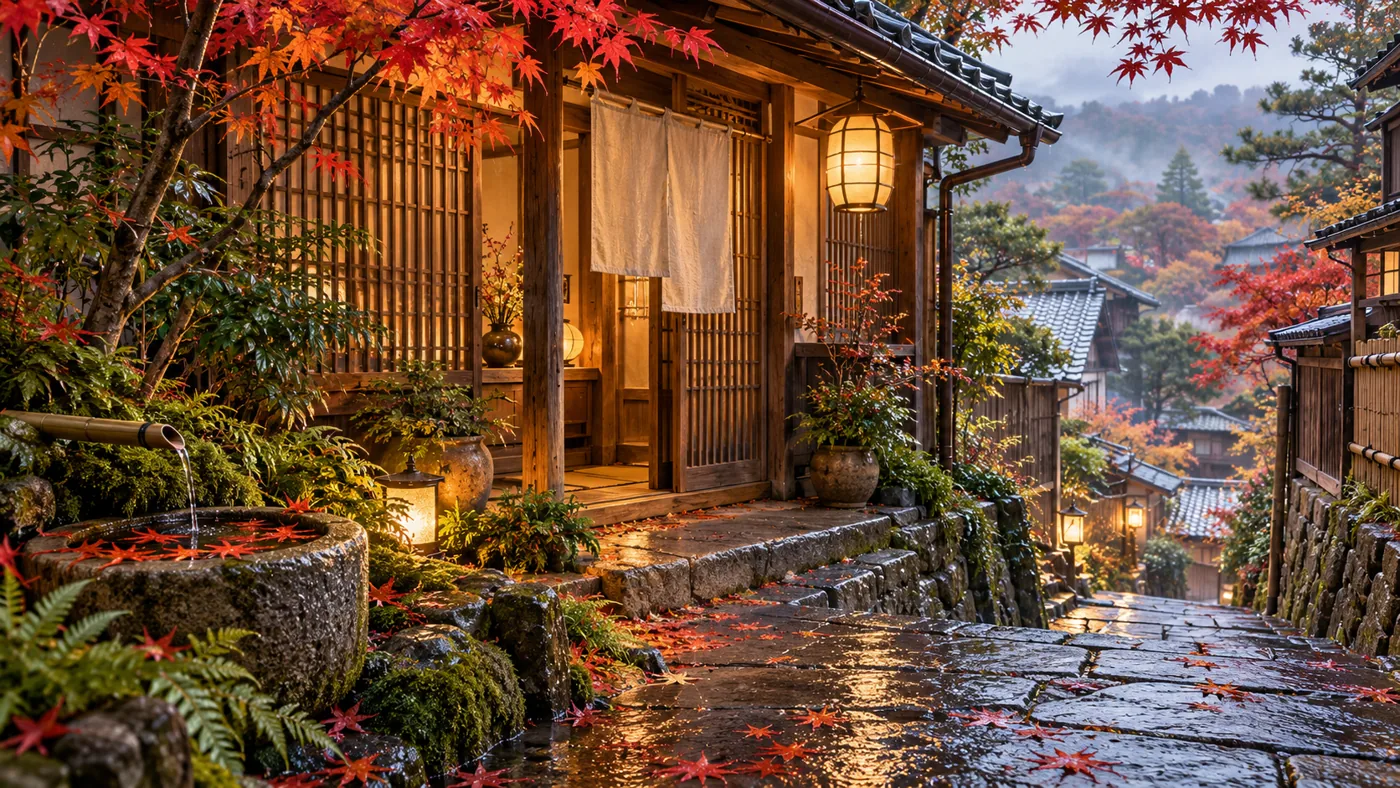 A quiet Kyoto-style lane, timber latticework, a paper lantern and maple leaves