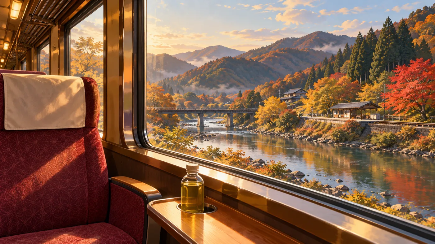 A train window frames a river and autumn mountains. Original Fumi illustration.