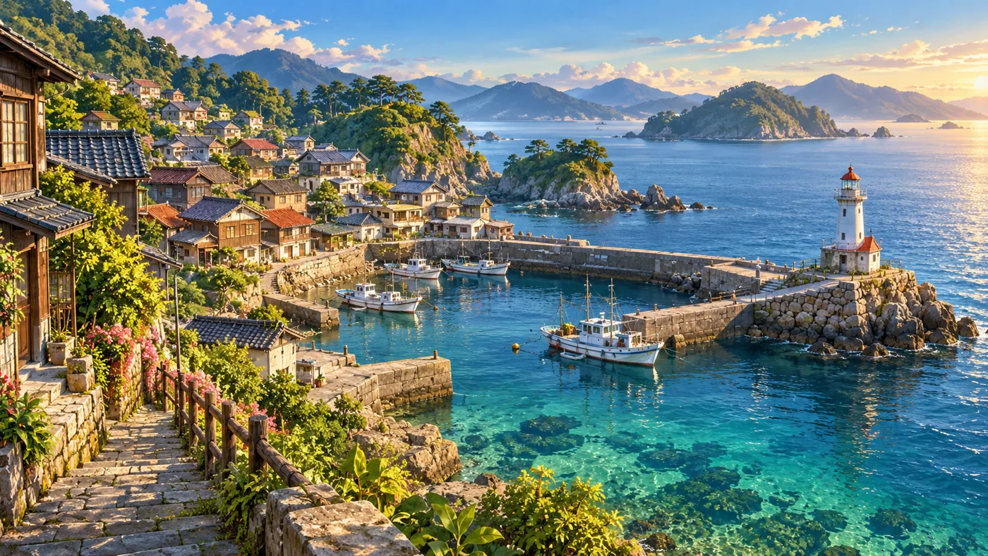 An illustrated Japanese fishing harbour and blue island coastline