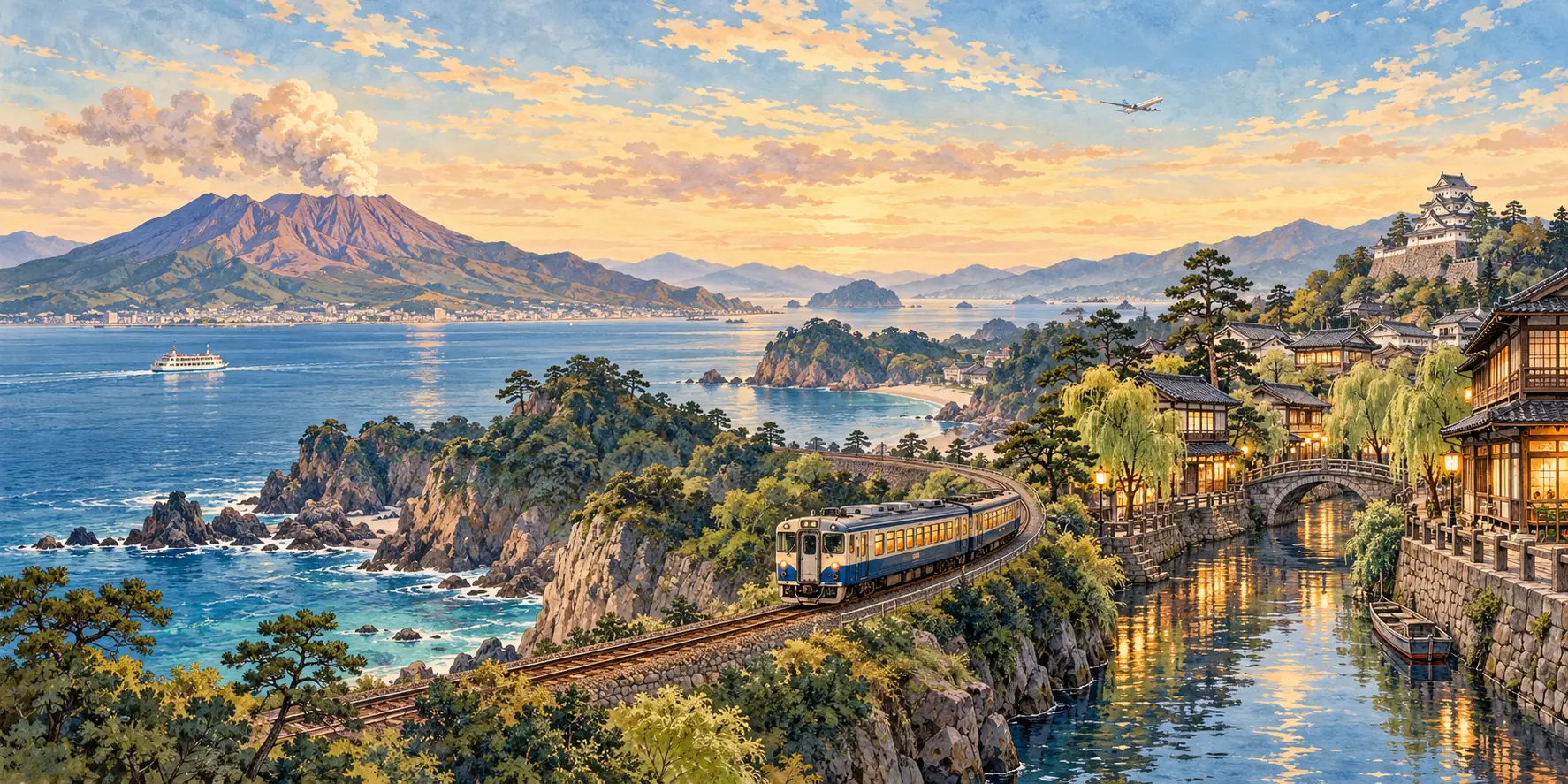 Painted travel panorama combining a Kagoshima-inspired bay, a Japanese coastal train and lantern-lit onsen streets