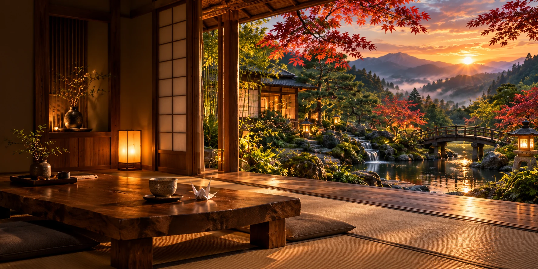 An imagined Japanese tea room opening onto a glowing garden, with a teacup and paper crane on the table